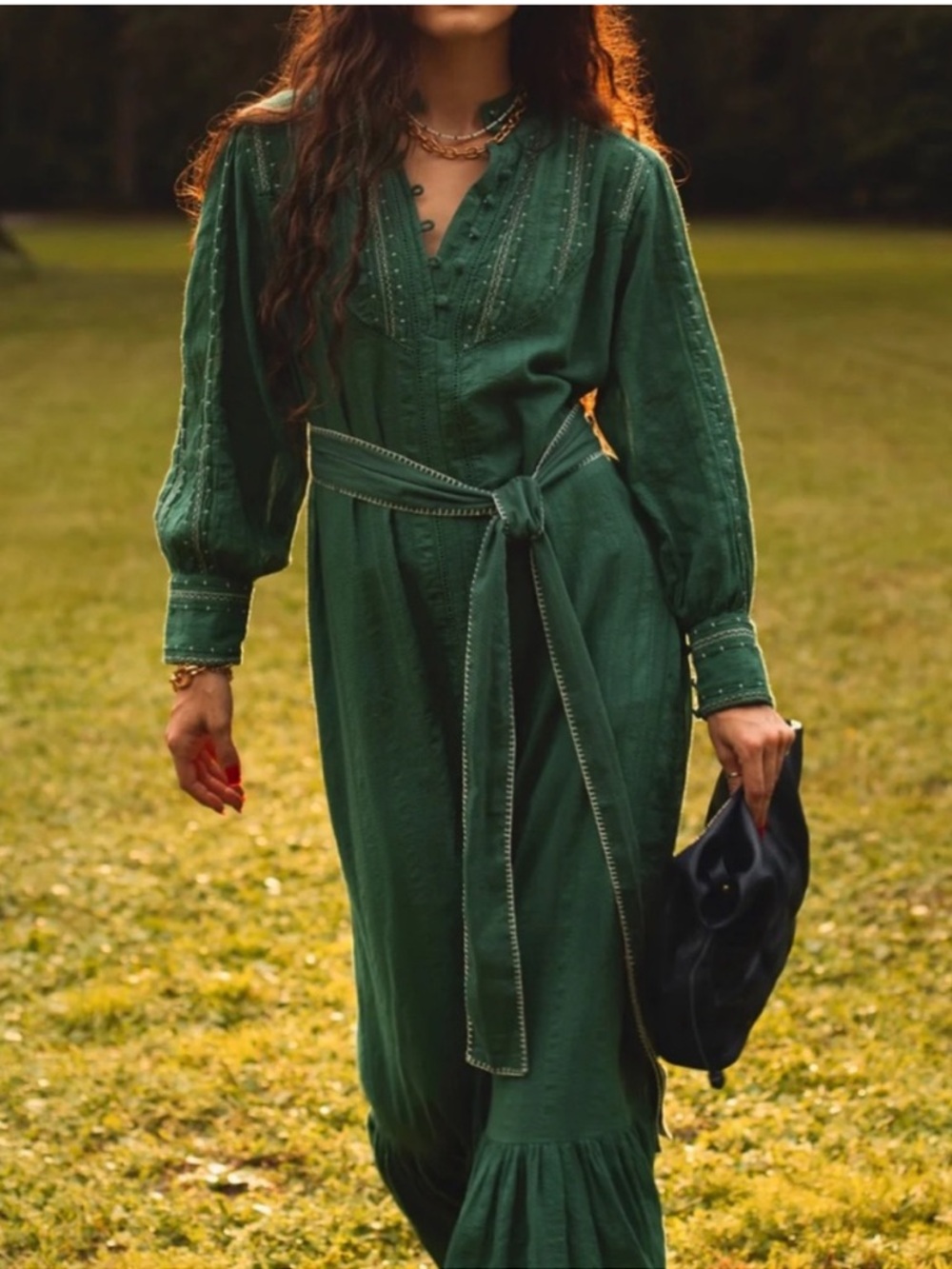 EX VOTO Sutton Cotton Embroidered Emerald Green Belted Maxi Dress NWT $289 - Picture 3 of 8